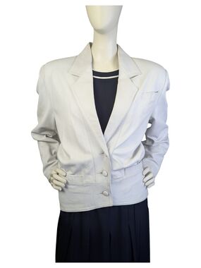 Vintage 80s White Leather Cropped Jacket  | Power Blazer | Fits S/M